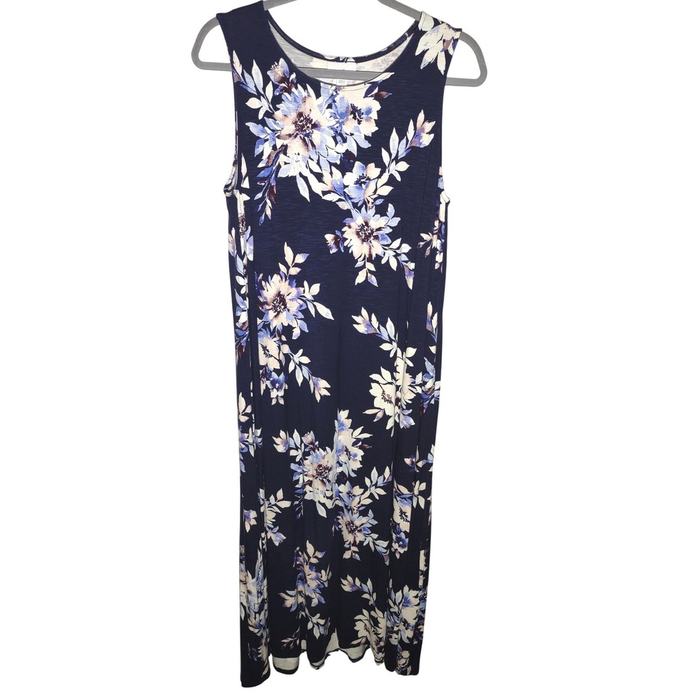 J Jill Sleeveless Navy Blue Floral Maxi‎ Dress Size L New
